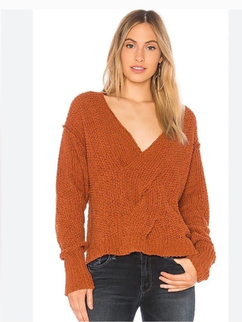 Free People Coco V Neck Brown Sweater Size XS Criss Cross Knit Oversized‎ Rust